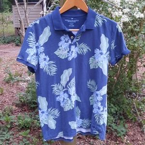 American Eagle blue hibiscus polo shirt
